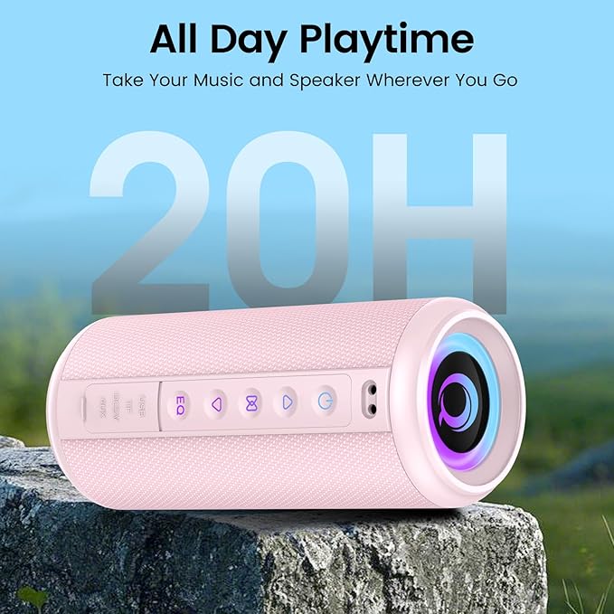 Portable Bluetooth Speaker, 2026 Bluetooth 5.4 Wireless Speaker with 20W HD Loud Stereo Sound, TWS Pairing, 20H playtime, RGB Lights, IP7, Built-in Mic, for Outdoor, Home, Beach, Party, Gift, Pink