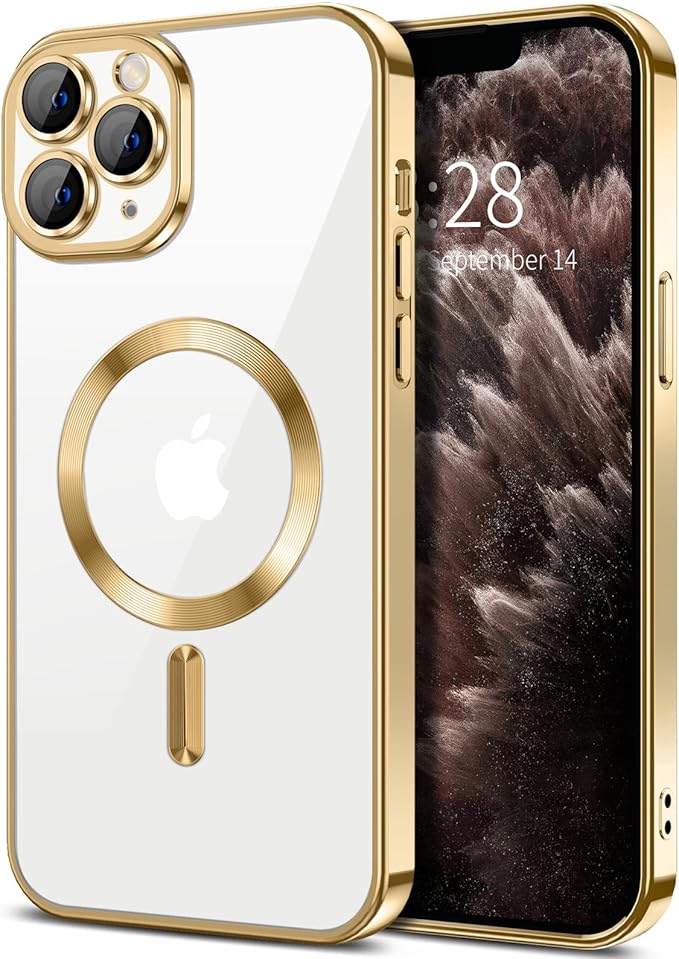 Hython Magnetic Clear for iPhone 11 Pro Max Case with Camera Lens Protector [Compatible with MagSafe] Plating Edge Slim Soft TPU Cover Protective Phone Case for iPhone 11 Pro Max 6.5", Gold