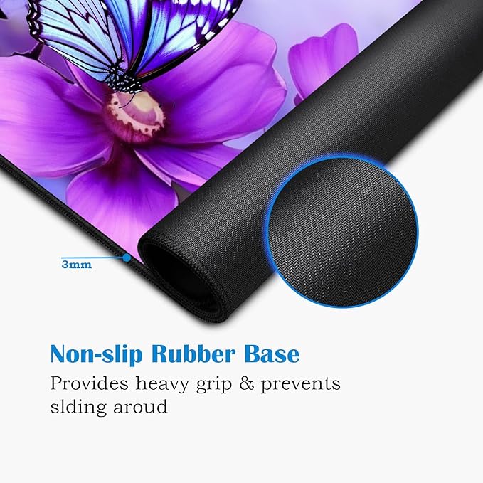Desk Pad Mat Gaming Mouse Pads with Coasters,Stitched Edges Design Mouse Pad XXL Large Mouse Pad for Laptop Computers Purple Flowers and Butterflies Desk Writing Mat for Office & Home