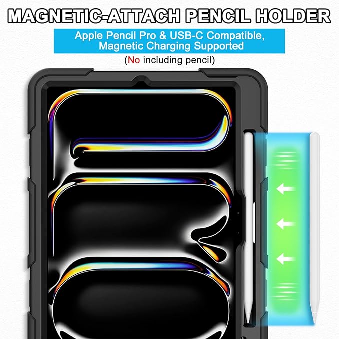 iPad Pro 11 Inch Case M5 2025/M4 2024, Heavy Duty Shockproof Protective Case with Screen Protector, 360° Rotating Stand Hand Strap Shoulder Strap Kids Cover Apple Pencil Holder
