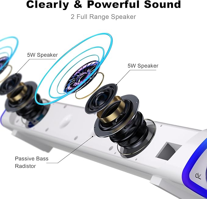 SOULION R30 Computer Speakers, USB Powered 3.5mm AUX Small PC Speaker, Colorful LED Lights with Switch Button, Surround Sound Bar Speaker for Desktop Laptop White