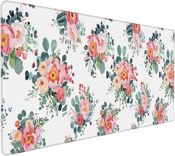 Pink Floral Mouse Pad Large Watercolor Pink Floral Mouse Pad Extended Non-Slip Mousepad with Stitched Edges 35.4x15.7 Inch Non-Slip Rubber Base Desktop Protectors Mats for Home Office Accessories