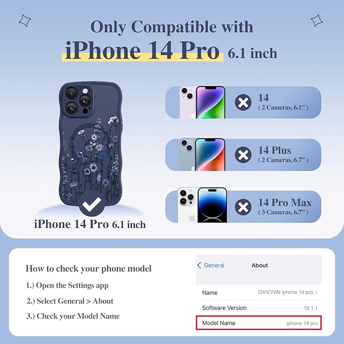 GVIEWIN for iPhone 14 Pro Case Compatible with MagSafe [Curly Wave Edge][Full Camera Protection] Floral Translucent Shockproof Magnetic Women Phone Case for 14 Pro, Floratopia/Blue