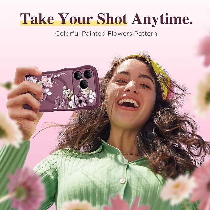 GVIEWIN for iPhone 17 Pro Case Compatible with MagSafe [Curly Wave Edge][Full Camera Protection]Floral Translucent Shockproof Magnetic Women Phone Case for iPhone 17 Pro 6.3'',Cherry Blossoms/Burgundy