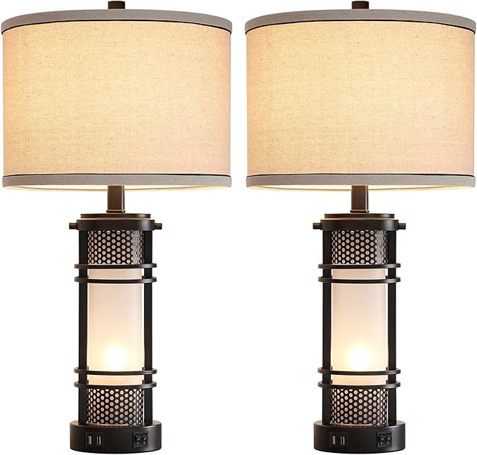 AIEAMPDO Set of 2 Modern Table Lamps for Living Room, Contemporary Nightstand Lamp with Dual USB Port, Bedside Lamps with White Frosted Glass Night Light for Bedroom, 4 Bulbs Included (Black)