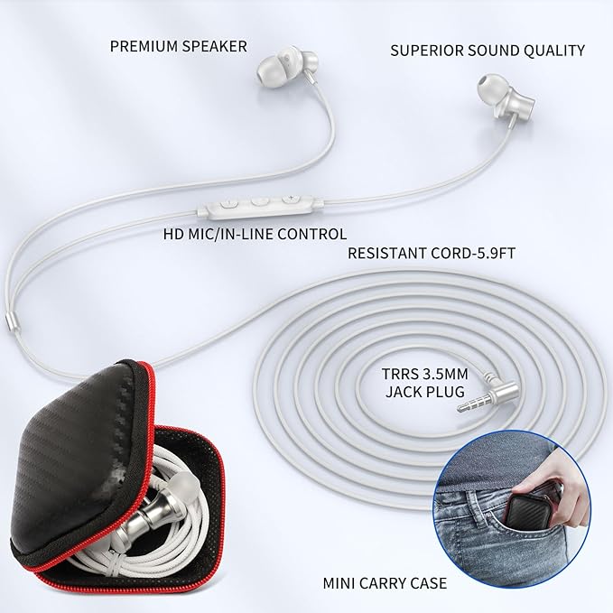 3.5mm Headphones 5.9ft Long Cord Wired Earbuds with Microphone Noise Isolating Earphone Stereo Clear Call Volume Plug in 3.5mm Jack Wired Ear Buds for Office School Laptop Chromebook PC Travel, Silver