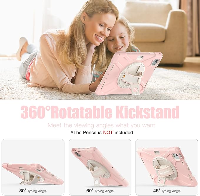 BRAECNstock Kids Case for iPad Air 11 inch (M4/M3/M2)/ Air 5th/4th Gen/Pro 11 inch 4th/3rd/2nd/1st Gen, Shockproof Protective with Pen Holder, Rotating Hand Strap+Stand, Shoulder Strap, Sakura Pink