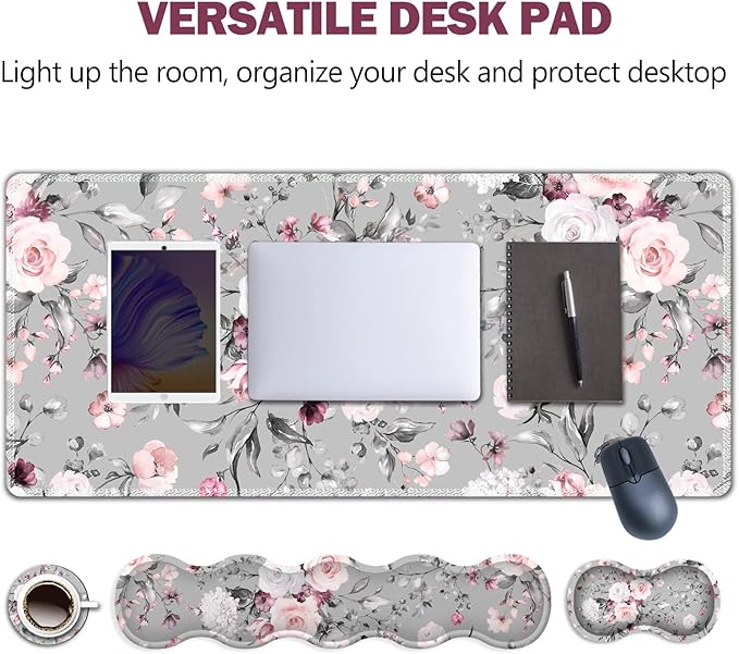 Upgraded Extended Gaming Mouse Pad, Keyboard Wrist Rest Pad, Wrist Support Mousepad Set, Artso Large Stable Rubber Base Stitched Edges, Multifunctional Desk Pad (35 x15.5 in) for Work, Game, Grey Rose