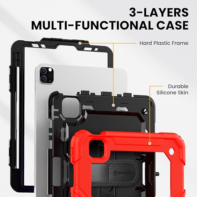 Timecity Case for iPad Pro 11 inch 4th/3rd/2nd/1st Generation 2022/2021/2020/2018, Heavy Duty Protective Case with Screen Protector, Swivel Stand, Hand/Shoulder Strap,Pencil Holder Case- Red