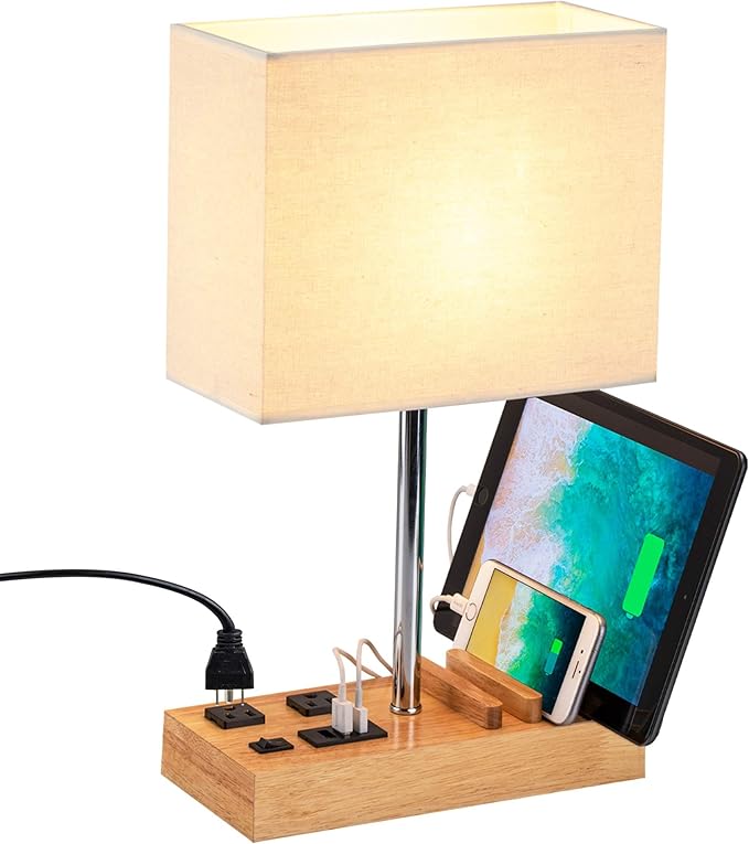 Briever Upgraded 3 USB Table Lamp with 2 USB A & C Charging Ports, Bedside Desk Lamp with 2 AC Outlets and Wooden Phone Stand Organizer, Nightstand Lamp for Bedroom, Living Room, Office, Natural Wood