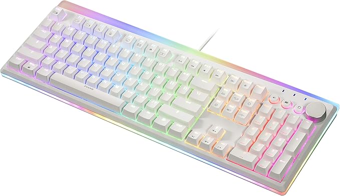 i-rocks K71M RGB Mechanical Gaming Keyboard with Media Control Knob, Switches (Brown), 107 Keys w/Full NKRO, PBT Keycaps, Multimedia Hotkeys, Detachable USB-C Cable and Onboard Storage, White