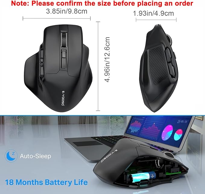 E-YOOSO Large Wireless Mouse for Big Hands, X-31 Cordless Ergo Computer Mouse, 6 Buttons, 5-Level 4800 DPI, 18 Months Battery Life, for Laptop, PC, Chromebook (Bluetooth, 6)
