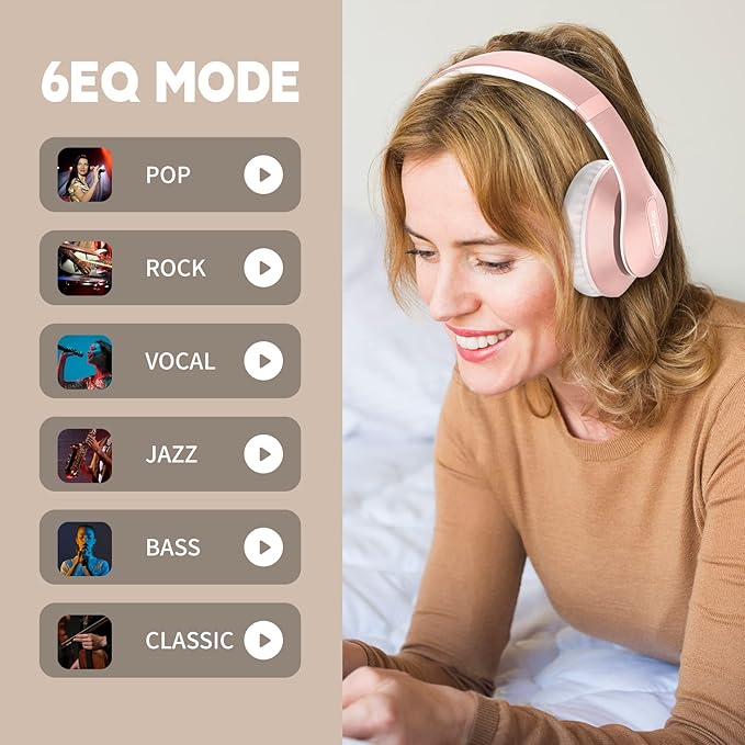 Wireless Bluetooth Headphones Over Ear 65H Playtime HiFi Stereo Headset with Microphone and 6EQ Modes Foldable Bluetooth V6.0 Headphones for Travel Smartphone Computer Laptop Rose Gold