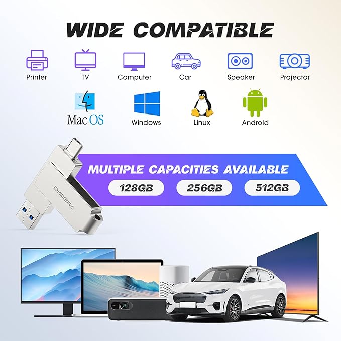 DIGIERA 128GB 2‑in‑1 USB‑A & USB‑C Flash Drive, USB 3.2 Gen 1 Thumb Drive, 500MB/s Read 400MB/s Write, 360° Swivel Compact Aluminum Memory Stick for File Transfer, Backup & Travel Storage