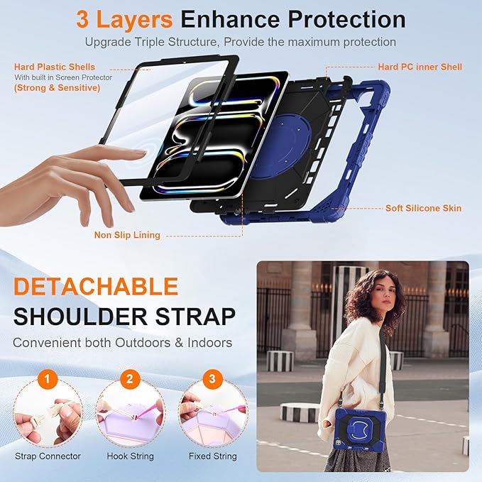 Case for iPad Pro 13 Inch M5 2025 / M4 2024, Auorld for iPad Pro 13 Inch M5 2025 with Screen Protector, 360 Degree Rotating Stand Shoulder Strap Pencil Holder, Navy Black
