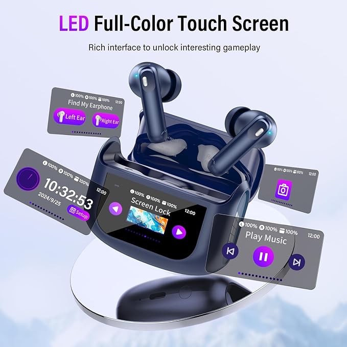 Wireless Earbuds, Bluetooth 5.4 Headphones with Multifunctional Touch Screen, 48H Bass Stereo Ear Buds with ANC/ENC Noise Cancelling/Transparency Mode, IPX7 Earphones with 5 EQ Modes, Dark Blue