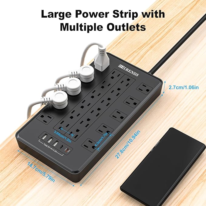 HITRENDS Power Strip with USB C, Surge Protector Power Strip with 22 Outlet & 3 USB A Ports & 2 USB C Port, 1875W/15A Multiplug with Flat Plug, 6 Ft Extension Cord for Home Office