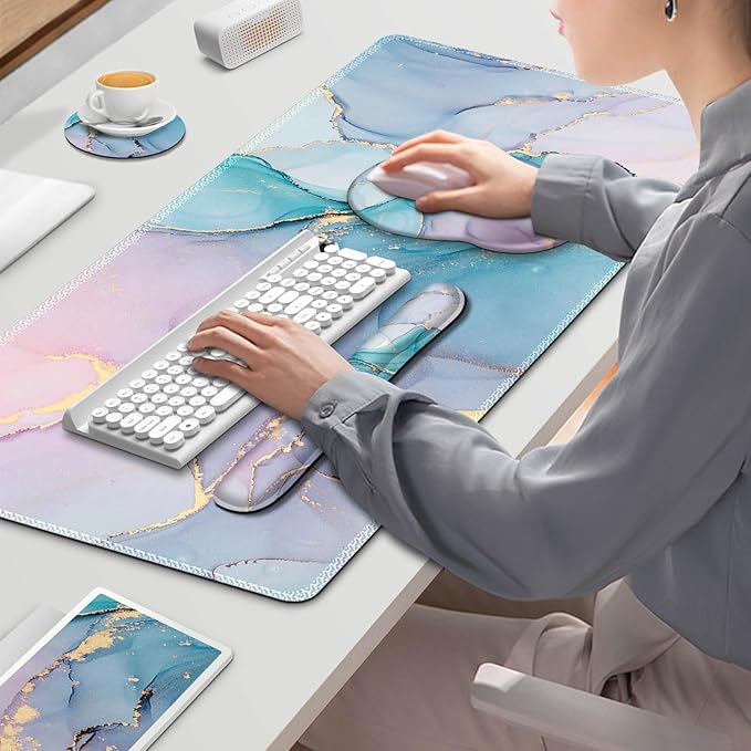 ToLuLu Desk Mat, XXL Large Mouse Pad Wrist Support Set，4 in1 Gaming Mousepad Desk Pad+ Ergonomic Mouse Pad with Wrist Rest + Keyboard Wrist Rest+Coaster for Home Office Computer, Blue Glitter Marble