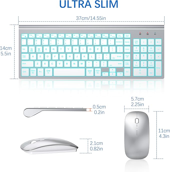 TopMate Wireless Keyboard and Mouse Ultra Slim Combo, 2.4G Silent Compact USB 2400DPI Mouse and Scissor Switch Backlit Keyboard Set, for PC/Laptop/Windows/Mac/Gaming - Silver White
