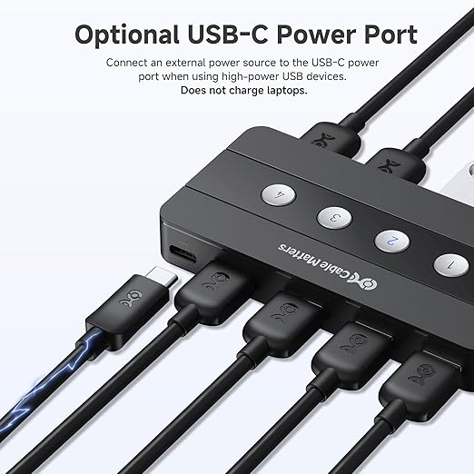 Cable Matters 4 Port USB 3.0 Switch USB Sharing Switch for 4 Computers and USBA Peripherals - Button or Wireless Remote Control Switching - Includes a USBC Adapter for USBC USB4 and Thunderbolt 4