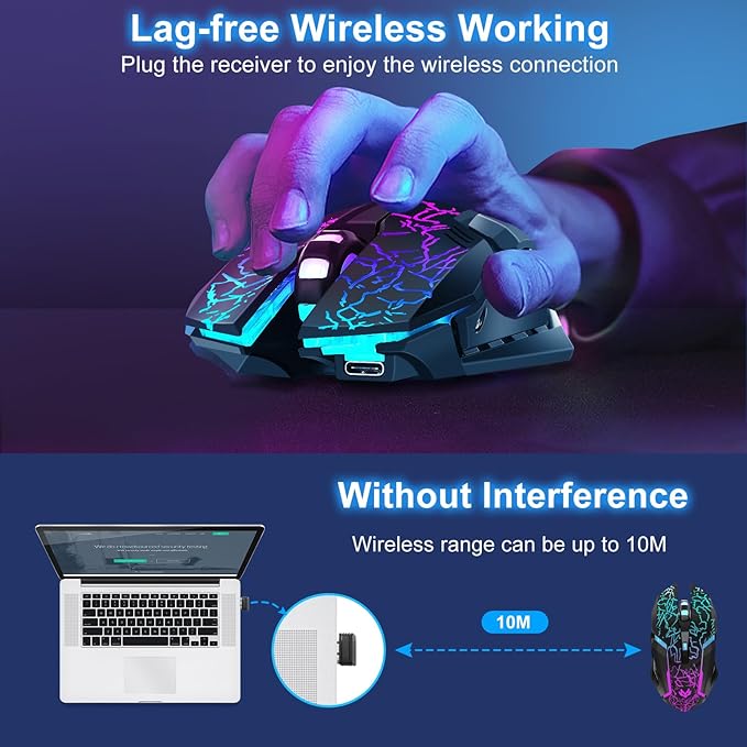 Wireless Gaming Mouse, Rechargeable Wireless Computer Mouse with Type-C Fast Charging, Ergonomic Mouse with 3 Adjustable DPI, 6 Silent Buttons, LED Light, Long Battery Life for Laptop, PC, Mac