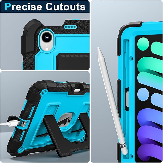 Kids Friendly Case for Apple iPad mini 7 A17 Pro 2024/iPad Mini 6 2021 8.3 Inch 7th/6th Gen Case with Pencil Holder & Shoulder Strap, Shockproof Kickstand Hard Shell Protective Cover,Black+Blue