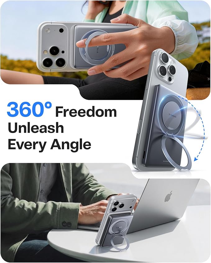 TORRAS Ostand Minimag 10000mAh Magnetic Portable Charger, 360° Rotatable Stand, 15W Wireless & 22.5W PD Fast Charging Battery Pack for iPhone 17/16/15/14, Pro Max, Plus, AirPods - Gray