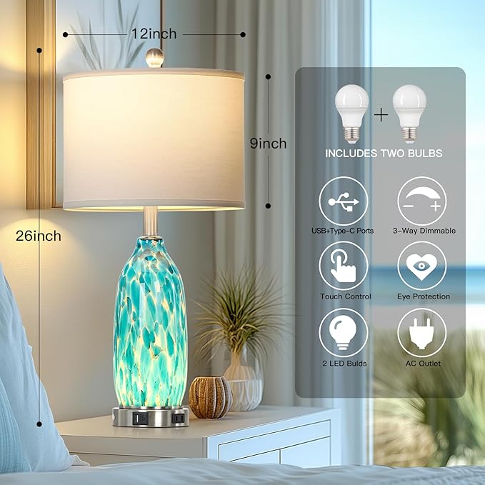 Rinweey 26" Peacock Green Glass Table Lamps Set of 2,Coastal Nautical Bedside Lamps with USB Ports & AC Outlet,Lamparas Elegantes para Cuarto with Night Light for Bedroom Living Room Decoration