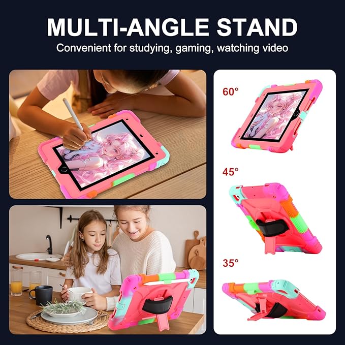 for iPad 6th Generation/iPad 5th Gen/iPad Air 2/iPad Pro 9.7" Case with Cute Key Chain, Rugged Protective Case with Rotating Stand & Shoulder Hand Strap for iPad 6th/5th/ Air 2 (Rainbow Rose)
