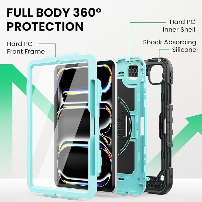SEYMAC for iPad Pro 11 Inch Case M5 2025 / M4 2024, Heavy Duty Shockproof Protective Case with Screen Protector, 360° Rotating Stand, Hand/Shoulder Strap and Pen Holder, Light Blue