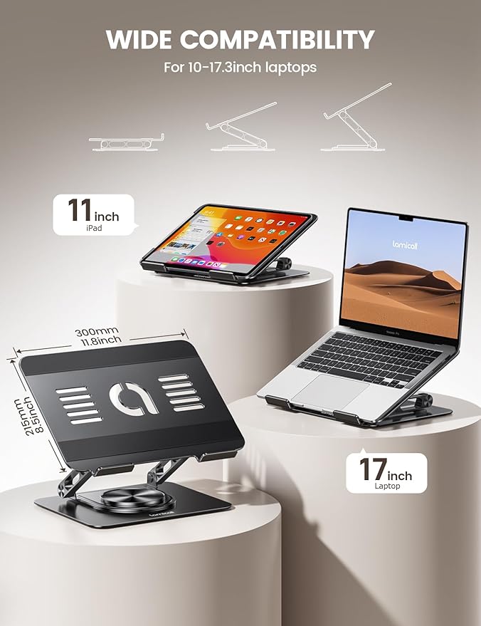 Lamicall Adjustable Laptop Stand for Desk - 360 Rotating Base Ergonomic Computer Stand, Aluminum Laptop Riser Foldable Protable for Office Home fits MacBook Neo Air Pro, Dell, HP (10-17.3'') - Black
