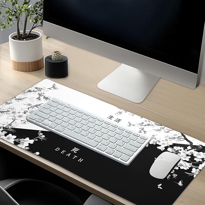 XXL Large Gaming Mouse Pad,Japanese Sakura Death Life Extended Desk Pad Non-Slip Rubber Base 35.4x15.7in with Stitched Edges Waterproof Full Desk Pads Computer Gaming Mousepads for Work/Game/Office