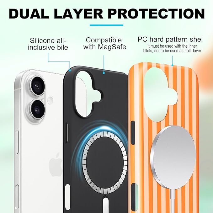 Magnetic for iPhone 16 Plus Case Cute Stripes Phone Case, Shockproof Slim TPU and Hard PC Protective Phone Cover Compatible with MagSafe Designed for Women Girls, Orange