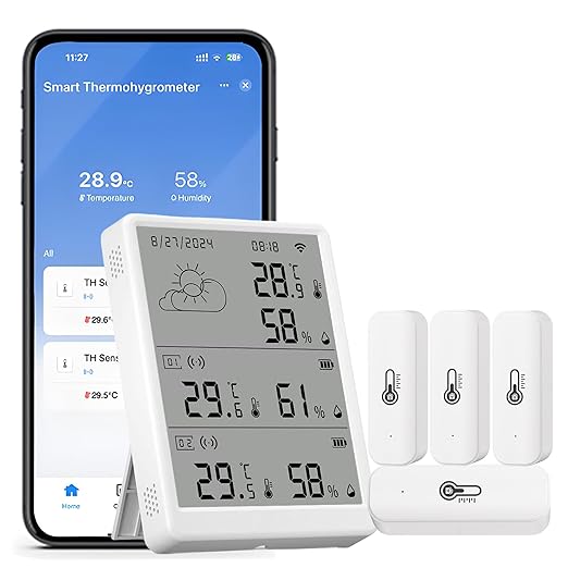 SENCKIT WiFi Hygrometer Thermometer, Digital Indoor Temperature Humidity Monitor with 1 Base Station + 4 Sensors, Smart Remote Monitor with App Alerts, Data Storage & Export, Compatible with Alexa