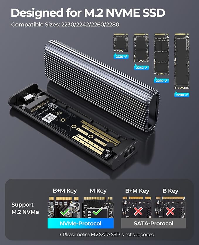 ORICO M.2 NVMe SSD Enclosure Aluminum Tool-Free Adapter, 10Gbps USB3.2 USB-C M2 Reader for M.2 PCIe NVMe M-Key 2230/2242/2260/2280 SSD, Thunderbolt 3 Compatible, External Case Support UASP Trim-AM2G2