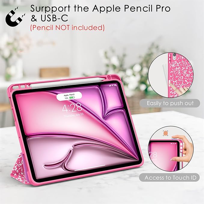 Soke Case for New iPad Air 11 Inch (M4/M3/M2, 2026-2024), iPad Air 5th/4th Generation 10.9 Inch (2020-2022) with Pencil Holder, Soft TPU Back Cover & Auto Sleep/Wake, Book Hot Pink