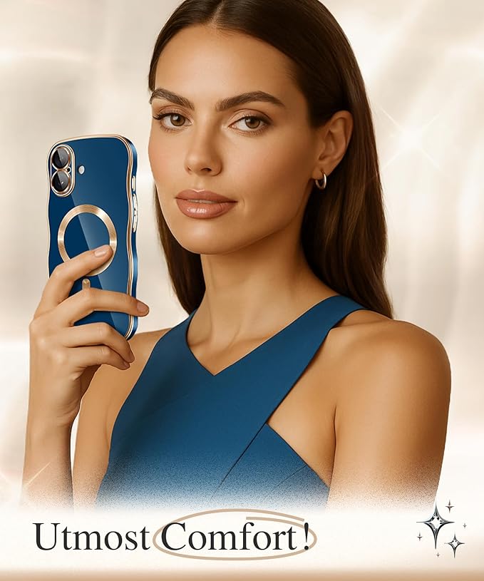 GVIEWIN for iPhone 17 Case Compatible with MagSafe, Upgraded [Full Camera Protection][Cute Wave Frame][Military Grade Protection] Electroplated Hard Phone Cover for Women Girl, Blue