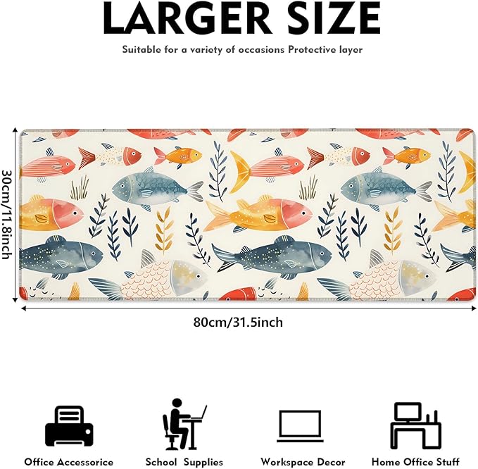 Watercolor Fish Gaming Mouse Pad, Large Desk Mat with Aquatic Plant for Laptop Keyboard Computer, Non-Slip Rubber Base Desktop Extended Mousepad for Office Home Accessories 31.5"×11.8"