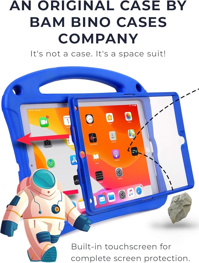 Bam Bino Space Suit iPad 9th Generation Case Kids, iPad 8th/7th/10.2 inch iPad Case for Kids | Lightweight Cover with Screen Protector, Handle, Stand, Shoulder Strap, Pencil Holder (Galactic Blue)