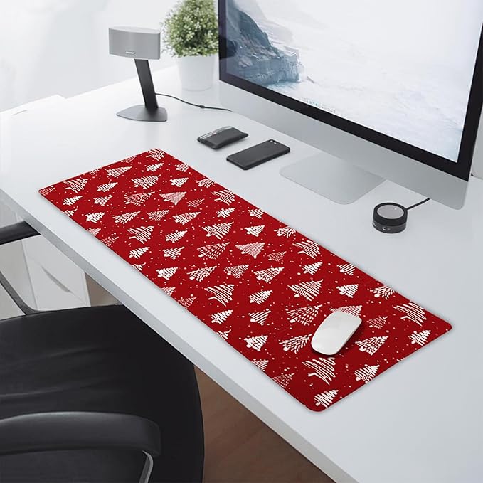Red Christmas Mouse Pad Christmas Tree Xmas Holiday Winter Extended Desk Mat 80X30 cm Non-Slip Rubber Base Stitched Edge Large XL Mousepad for Desk Gaming Laptop Desktop,31.5×11.8 Inch