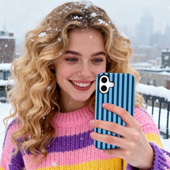 Magnetic for iPhone 16 Case Cute Stripes Phone Case, Shockproof Slim TPU and Hard PC Protective Phone Cover Compatible with MagSafe Designed for Women Girls, Lake Blue