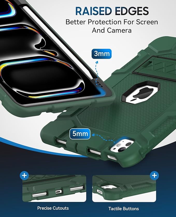 Case for iPad Pro 11 Inch Case (M5 2025/ M4 2024) with Pencil Holder, Built-in Stand, Military Grade Shockproof Protective Cover for iPad Pro 11" (Dark Green)
