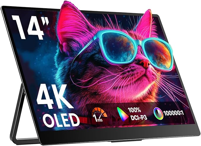 Upperizon Portable Monitor 14 inch 4K 3840X2400 100000:1 100% DCI-P3 OLED HDMI USB-C Travel Monitor for Laptop MacBook PC Surface PS5 Xbox, External Display with Kickstand & Speakers, VESA Compatible
