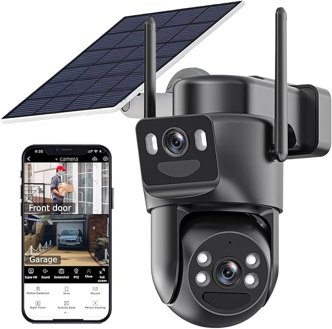 Dual Lens Solar Security Cameras Wireless Outdoor, 5G/2.4G WiFi 6, 360° View Pan/Tilt Home Security Camera with 6MP Color Night Vision, Motion Detection, 2-Way Audio, Spotlight Siren, Easy to Install