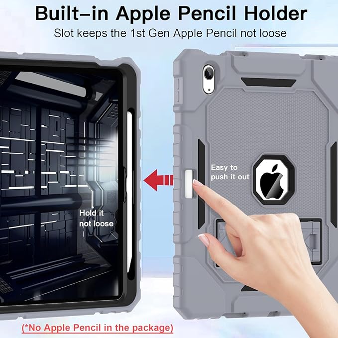 ZoneFoker Case for iPad (A16) 11th/10th Generation 11/10.9 inch 2025/2022, Heavy Duty Military Grade Shockproof Rugged Cover with Pencil Holder/Stand for i Pad 11th / 10 th Gen (Gray+Black)