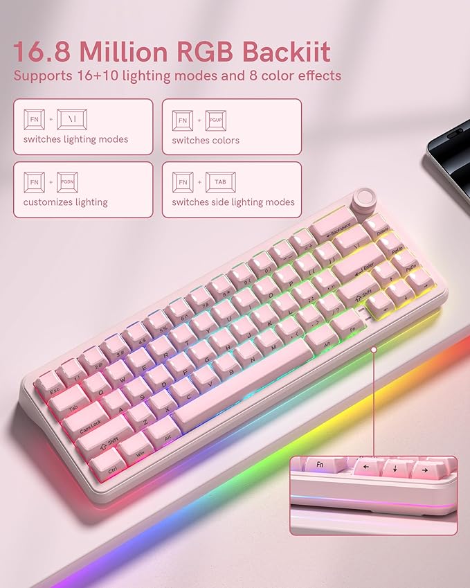 Keymatic 65% Layout Wireless Mechanical Keyboard,Cute Crystal Gaming Keyboard with Knob, Hot Swappable Pre-lubed Switches,Gasket Mounted RGB for Win/Mac,Pink