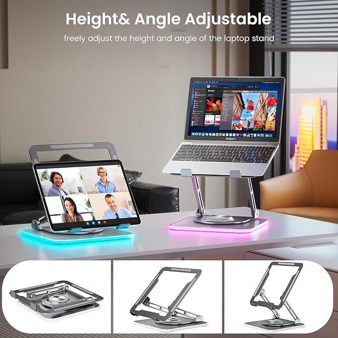 JOYEKY RGB Laptop Stand for Desk, Adjustable Ergonomic Laptop Riser with 360° Rotating Base, Foldable & Portable Computer Stand, Suitable for All 10-16” Laptops