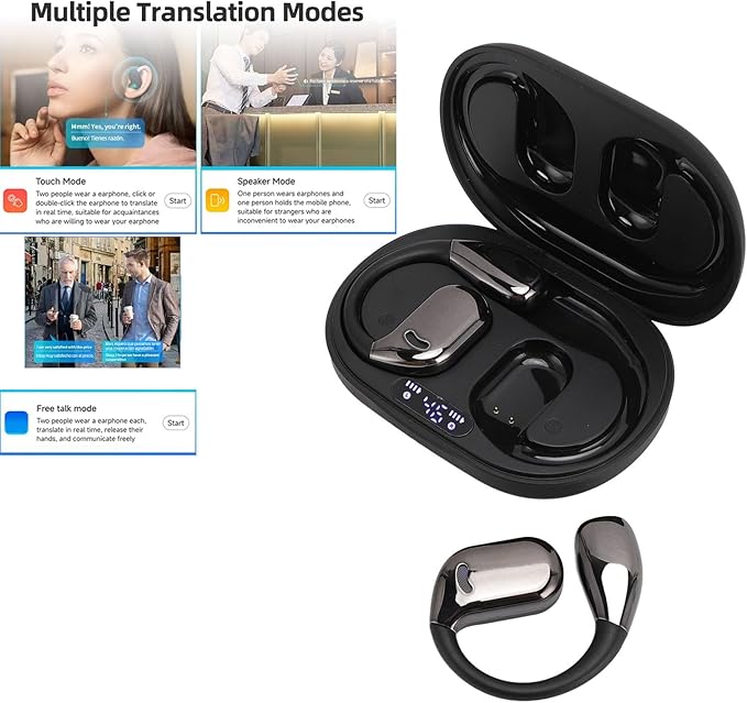 M75 TWS Bluetooth Translation Earphones, 3 Modes On Ear Translator Earphone in Real Time, ANC Technology, for Travel Business International Students (Black)