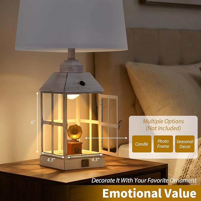 25" Farmhouse Table Lamp for Living Room, Table Lamps Set of 2 with USB Port and Nightlight, Rustic Table Lamp for Bedroom, Bedside Lamp for Nightstand, End Table, Home, LED Bulbs Included (White)