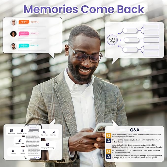 AI Smart Voice Recorder, 64GB 1000+ Hours Audio Recorder with Fast AI Transcription, Summaries, Mind Map, Q&A, Data Safe, Ultra-Thin, Magnetic Case, for Meetings, Calls, Lectures, Matte Grey